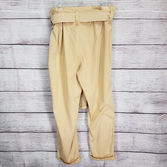 NEW TOPSHOP 12 Rory Paperbag Waist Utility Trousers Cuffed Crop Pants in Beige - Picture 4 of 13